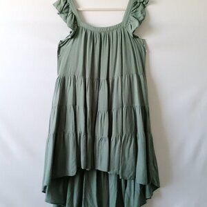 Jodifl Sage Green Ruffle Round Neck Hi Low Hem Tiered Fit & Flare Dress Size L